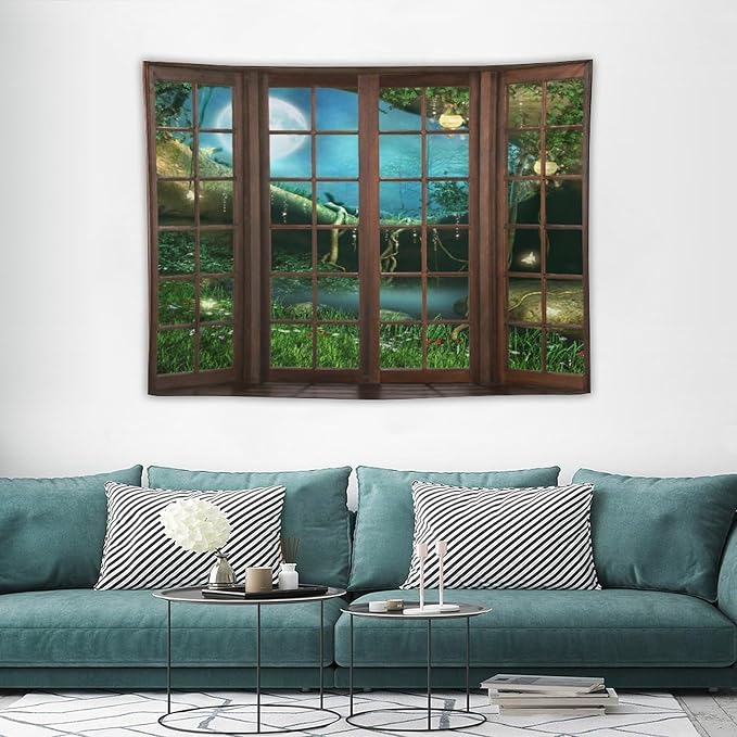 ZhiRain Fantasy Landscape Tapestry Wall Hanging Wooden Window Enchanted Forest Green Jungle Magic Full Moon Plant Night Scene Tapestries Home Decor for Living Room Bedroom Apartment Farmhouse 30"x40"