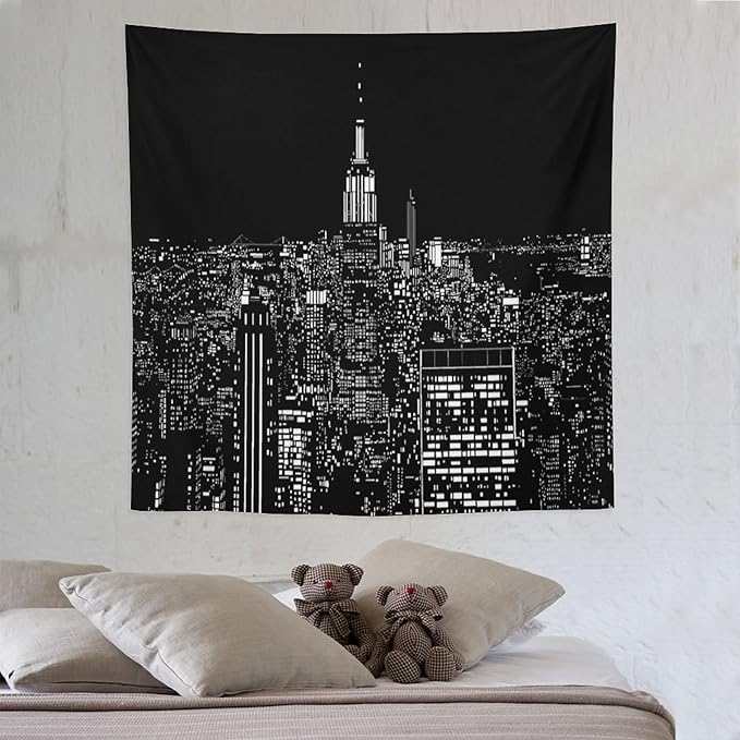 ZhiRain New York Tapestry Wall Hanging Black White Modern Night City Light Tapestries Home Decor for Living Room Bedroom Apartment Farmhouse Dorm 60"x60"