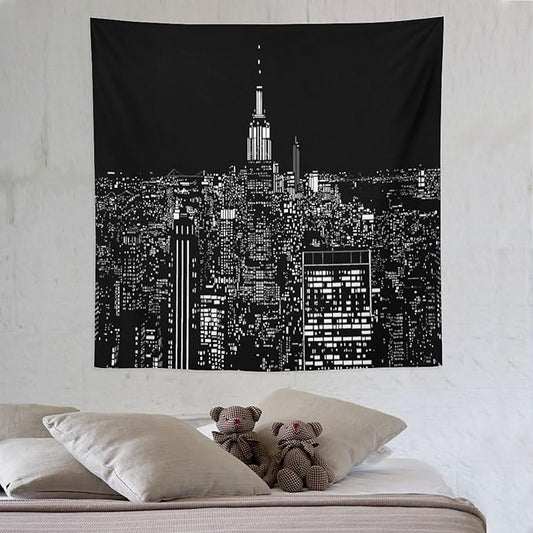 ZhiRain New York Tapestry Wall Hanging Black White Modern Night City Light Tapestries Home Decor for Living Room Bedroom Apartment Farmhouse Dorm 60"x60"