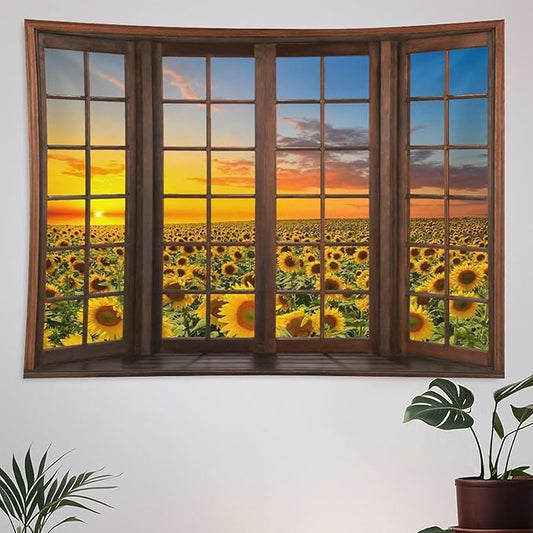 ZhiRain Sunflowers Landscape Tapestry Wall Hanging Through The Window Fields Sunset Scenery Tapestries Home Decor for Living Room Bedroom Apartment Farmhouse Dorm 60"x60"