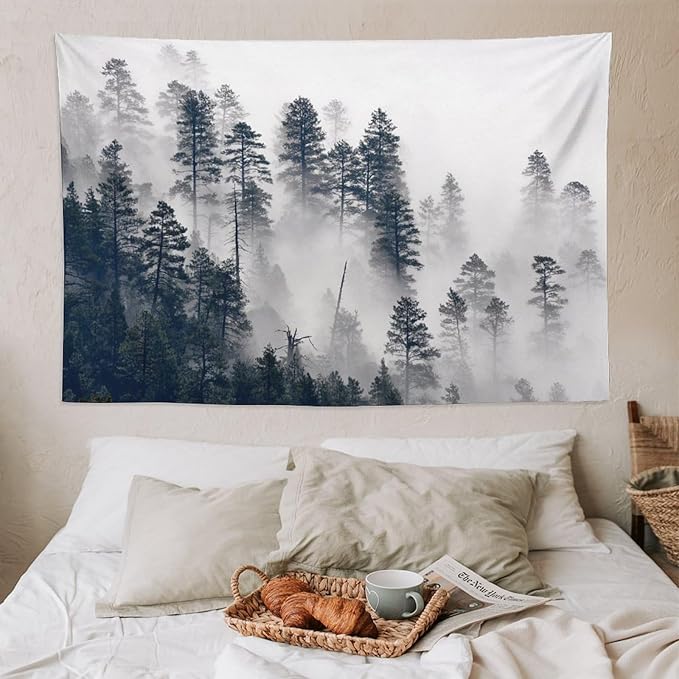 ZhiRain Misty Forest Landscape Tapestry Wall Hanging Wooden Window Forest Mountain Rustic Tapestries Home Decor for Living Room Bedroom Apartment Farmhouse Dorm 60"x90"