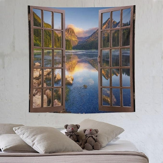 ZhiRain Mountain Scenery Tapestry Wall Hanging Wooden Window View Beautiful Lake Landscape Tapestries Home Decor for Living Room Bedroom Apartment Farmhouse Dorm 60"x60"