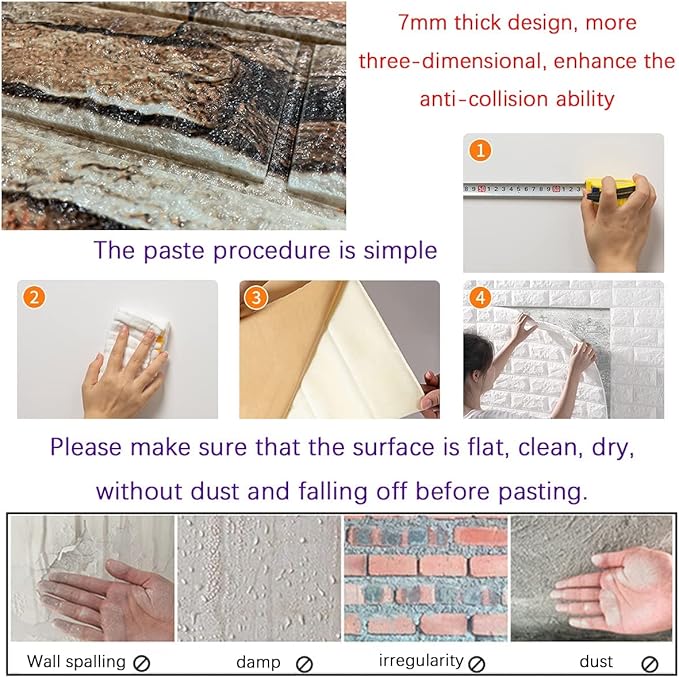 Yutianli 7mm Thick Anti-Collision self Adhesive 3D Wall Panels Peel and Stick,10-Pack 57 Sq.Ft Antique Faux Brick Wall Panels Foam Faux Stone Wallpapers for Bedroom (10, Style A)