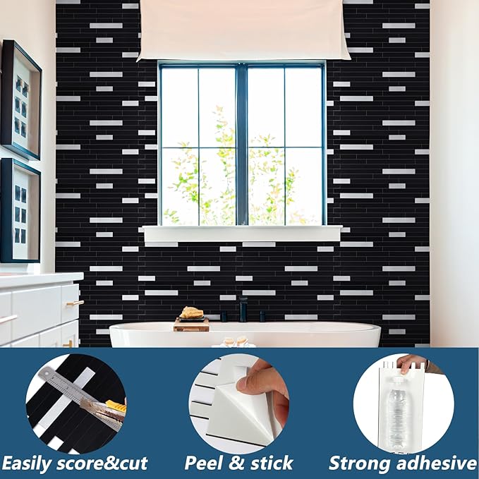Yipscazo 40 Sheets Peel and Stick Stone Metal Backsplash, PVC Wall Tiles Stick on Tiles for Backsplash Kitchen, Bathroom, Fireplace (6'' X 12'', Black)