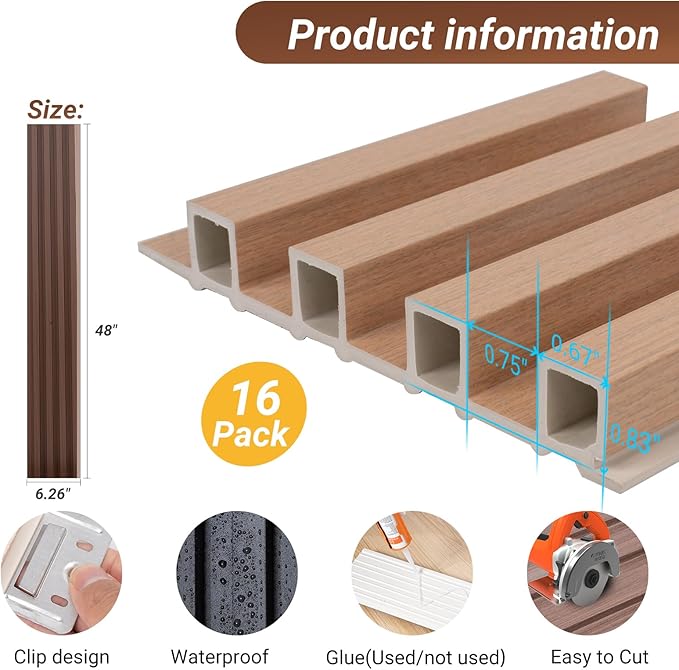 3D Wall Panels for Interior Wall Decor 16 Pack 48"x 6", WPC Grey Oak Accent Wall Panels Decorative Covering Wainscoting Panels, Slat Wall Paneling for Bedroom, TV Wall Decor for Living Room