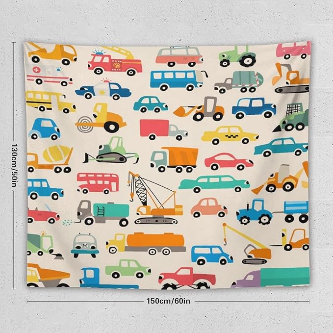 ZhiRain Cartoon Cars Print Tapestry Wall Hanging Cartoon Shovel And Trucks Tapestries Home Decor for Living Room Bedroom Apartment Farmhouse Dorm 50"x60"