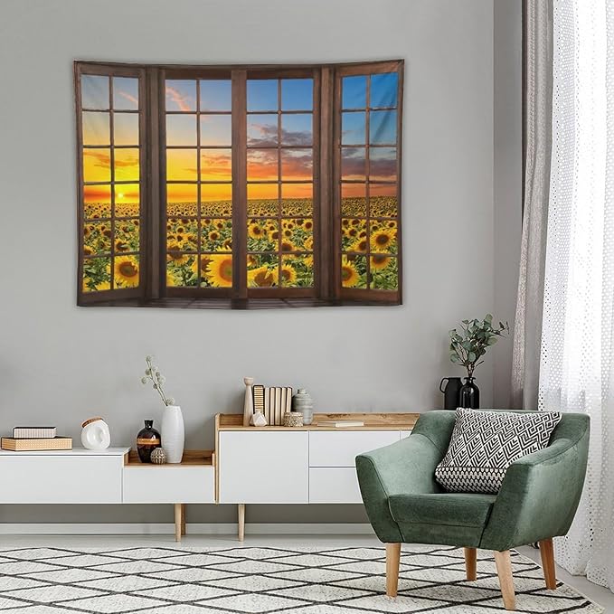 ZhiRain Sunflowers Landscape Tapestry Wall Hanging Through The Window Fields Sunset Scenery Tapestries Home Decor for Living Room Bedroom Apartment Farmhouse Dorm 30"x40"