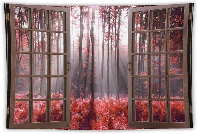 ZhiRain Red Forest Tapestry Wall Hanging Season Foggy Nature And Enchanted Woods Wild Trees Print Tapestries Home Decor for Living Room Bedroom Apartment Farmhouse Dorm 60"x90"