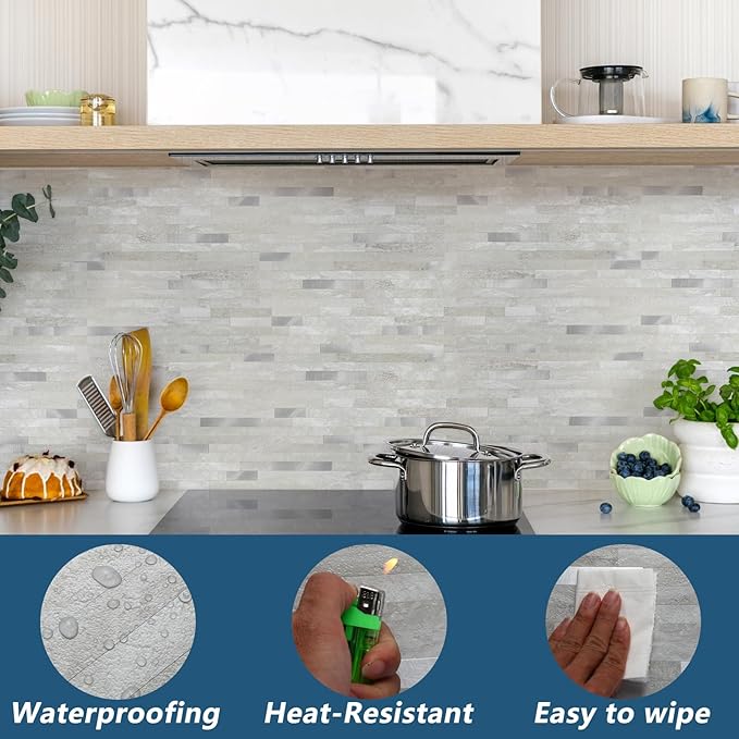 Yipscazo 20 Sheets Peel and Stick Stone Metal Backsplash, PVC Wall Tiles Stick on Tiles for Backsplash Kitchen, Bathroom, Laundry Room, Camper, Fireplace (6'' X 12'', Gray Beige)