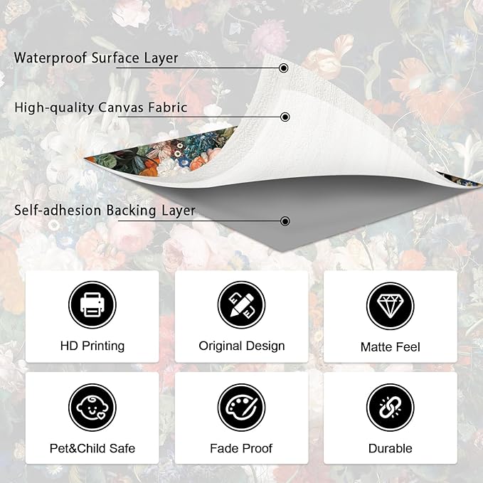 Zeeko Dark Floral Wallpaper Peel and Stick 177" W x 110" H Waterproof Canvas Fabric Vintage Moody Large Wall Mural Self Adhesive Removable Wall Paper for Bedroom Living Room Art Deco