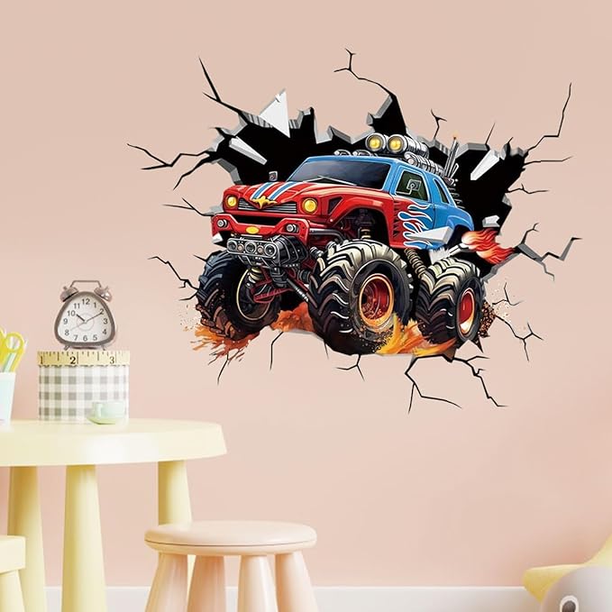 3D Racing Cars Wall Decals Removable Peel and Stick Window Clings 1 Large Trucks for Kids Bedroom, Boys Room, Playroom Decor