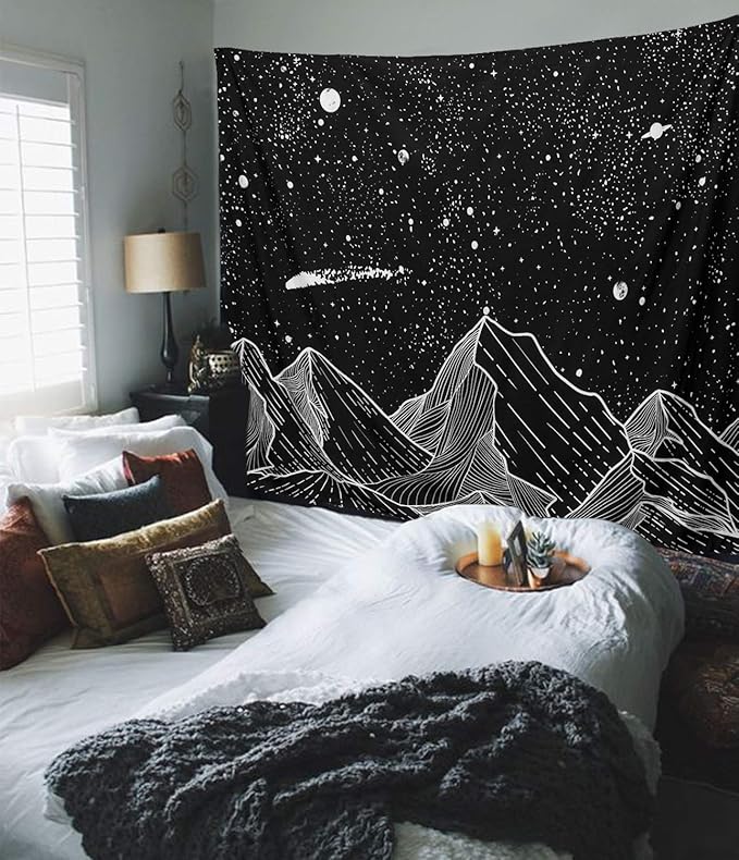 Zussun Black and White Tapestry Starry Night Mountain Tapestries for Bedroom Aesthetic Moon and Stars Tapastry's Wall Hanging Dark Nature Forest Wall Tapestry for Living Room Dorm (Dark, 80'' × 60'')