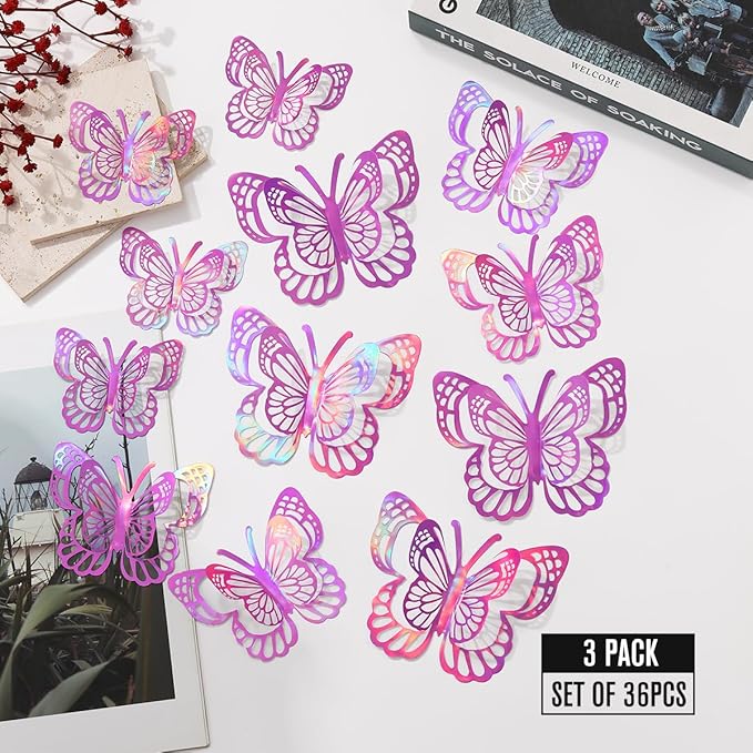 36PCS Butterfly Wall Decals - 3D Butterflies Wall Stickers Removable Mural Decor Wall Stickers Decals Home Decor Room Bedroom Decor Living Room Decor (Purple)
