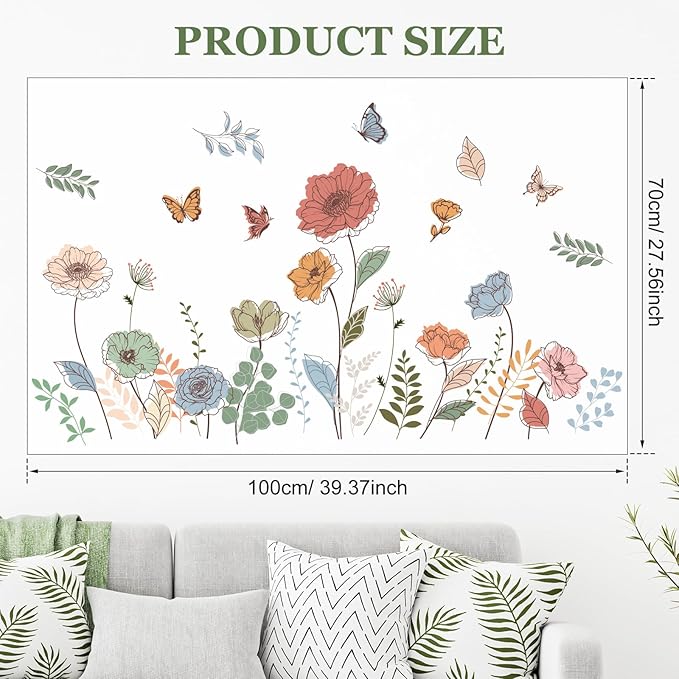 Zonon 6 Pcs Flowers Wall Decals Stickers Vinyl Removable Peel and Stick Colorful Dragonflies Floral Wall Murals Decor for Bedroom Living Room Nursery(Bohemian)