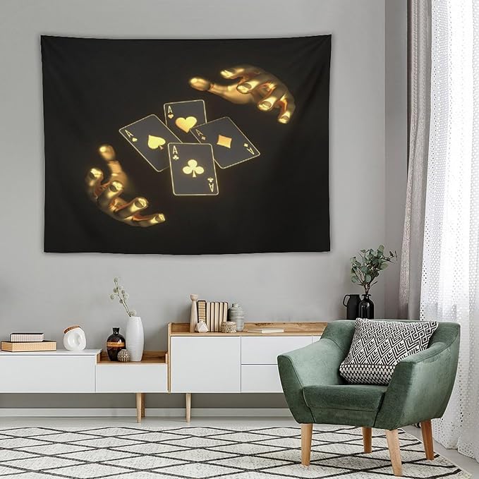 ZhiRain Poker Theme Tapestry Wall Hanging Modern Black Gold Playing Cards Art Printed Tapestries Home Decor for Living Room Bedroom Farmhouse Apartment Dorm 60"x80"