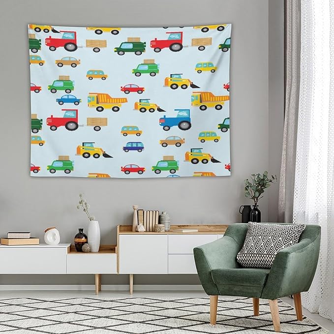 ZhiRain Cartoon Cars Print Tapestry Wall Hanging for Kids Room Cartoon Shovel And Trucks Blue Tapestries Home Decor for Living Room Bedroom Apartment Farmhouse Dorm 60"x80"