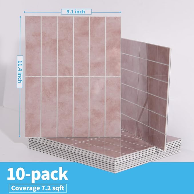 Art3d 10-Sheet Faux Marble Peel and Stick Backsplash Tile for Kitchen Wall Bathroom Countertops, 11.4 inch x 9.1 inch Stick-on Glazed-Ceramic Finish Resist to Water, Heat and Scratches, Pink