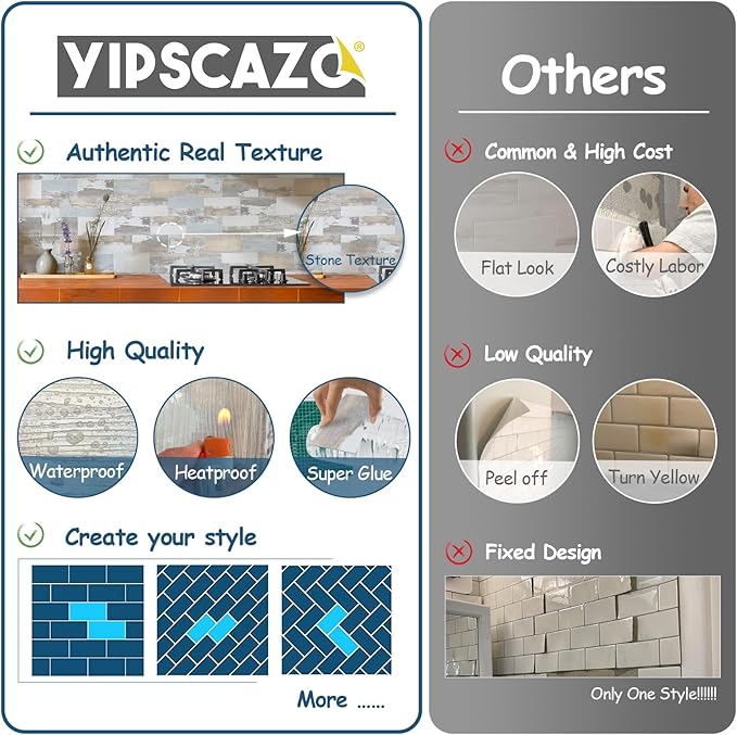 Yipscazo Peel and Stick backsplash 3 x 6 Inches 3D PVC Composite Wall Tile Stick on Backsplash Tile for Kitchen Bathroom, Laundry Room, Fireplace(Vintage Wood Grain, 100 Pieces)