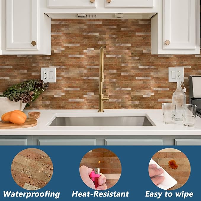 Yipscazo 20 Sheets PVC Wall Tiles Stick on Tiles for Backsplash Kitchen, Bathroom, Laundry Room, Camper, Fireplace (6'' X 12'', Copper Metal)