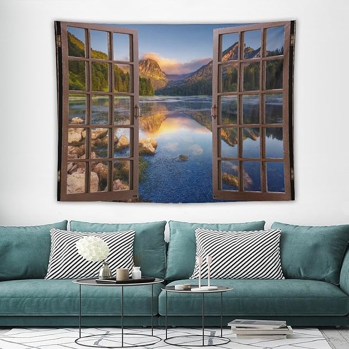 ZhiRain Mountain Scenery Tapestry Wall Hanging Wooden Window View Beautiful Lake Landscape Tapestries Home Decor for Living Room Bedroom Apartment Farmhouse Dorm 60"x80"