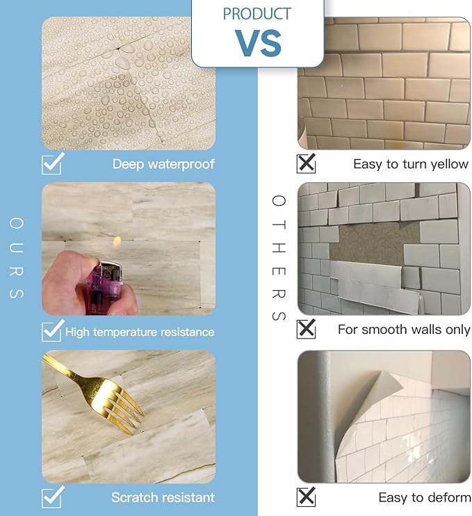 20-Pack Peel and Stick Tile Backsplash 12"X12" PVC Wall Tiles, Stick on Backsplash for Kitchen, Bathroom Tile, Fireplace Décor, Laundry Table, Stair Decals in Light Beige Stone