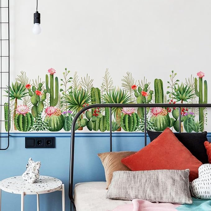 2 Pieces Cactus Wall Decals Vinyl Cacti Wall Stickers Removable Cactus Art Murals Peel and Stick Cacti Decor for Girls Bedroom Living Room Nursery
