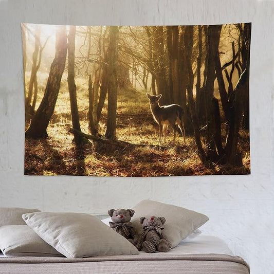 ZhiRain Forest Tapestry Wall Hanging Natural Forest And Deer at Sunset Pattern Tapestries Home Decor for Living Room Bedroom Apartment Farmhouse Dorm 60"x90"