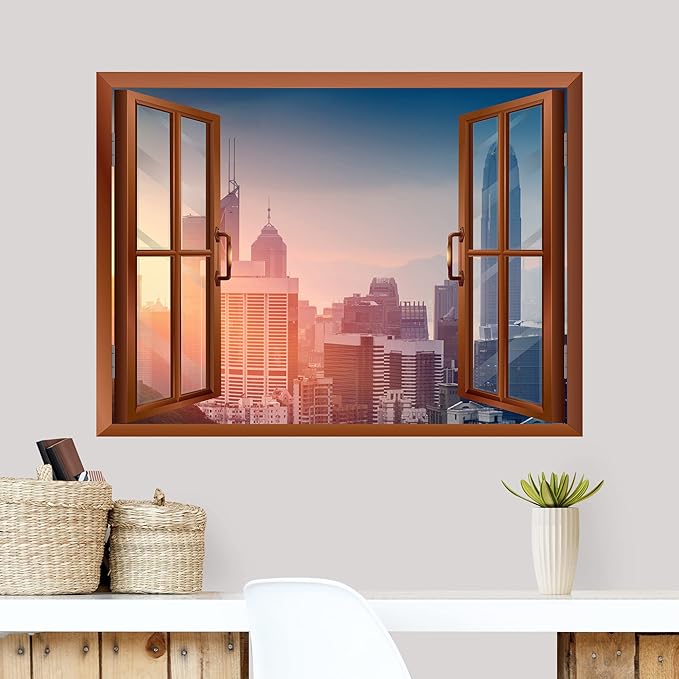 wall26 Cityscape Skyline in The Morning View from Inside a Window Removable Wall Sticker/Wall Mural - 24"x32"