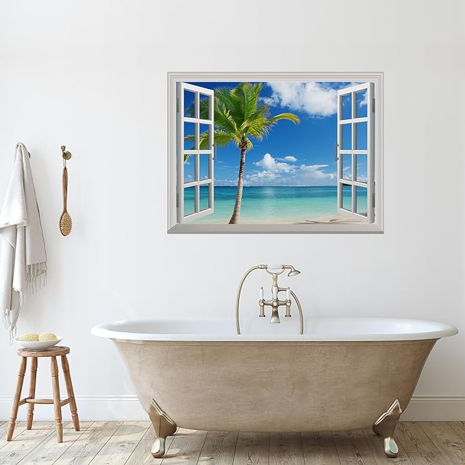 wall26 Grand Waterfall Green Mountain Open Window Mural Wall Sticker (24"x32", Tropical View)