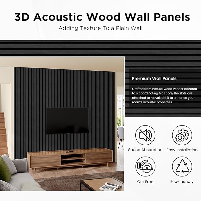 Wood Slat Acoustic Panels, 94.5" x 12.6" Each Soundpoof Wooden Slat Wall Panel, Classic Black, 4 Pack