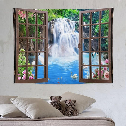 ZhiRain Waterfall Landscape Tapestry Wall Hanging Natural Forest Garden Trees And Roses Flower Scenery Tapestries Home Decor for Living Room Bedroom Apartment Farmhouse Dorm 60"x80"