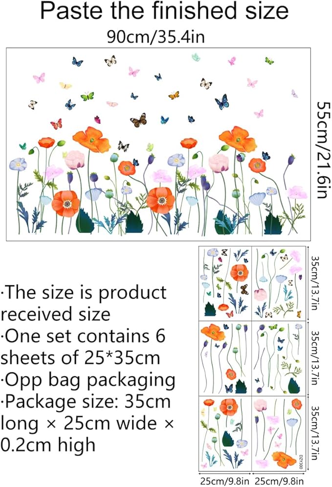 6 Pieces Flowers Wall Decals Vinyl Flowers Wall Stickers Removable Floral Murals Peel and Stick Colorful Flower Decor for Girls Bedroom Living Room Nursery (Orange)