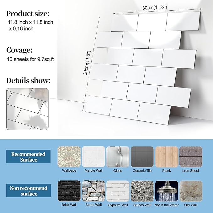 20-Pack Peel and Stick Tile Backsplash 11.8"X11.8" PVC Wall Tiles, Stick on Backsplash for Kitchen, Bathroom Tile, Fireplace, Laundry Table in Polished Marble White