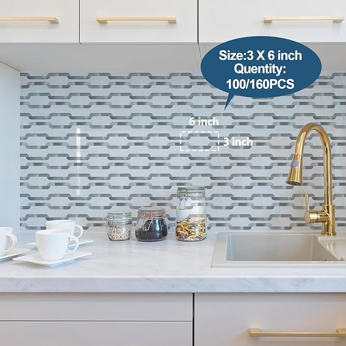 Yipscazo Peel and Stick backsplash 3 x 6 Inches 3D PVC Composite Wall Tile Stick on Backsplash Tile for Kitchen Bathroom, Laundry Room, Fireplace(White with Silver Metal, 2 Pieces)
