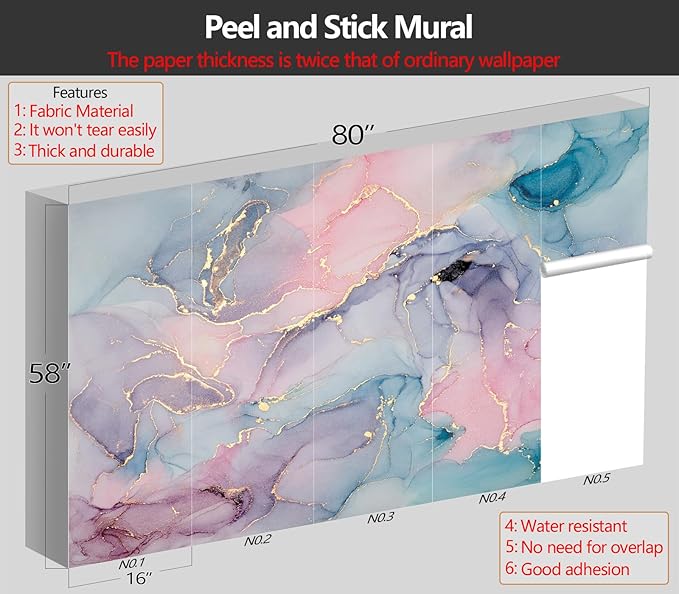 XMPMBM M01S Peel and Stick Marble Wallpaper Pink Girls' Bedroom Bathroom Abstraction Art Colorful Textured Background Wall Mural- 80"x58"（32 Square Foot）