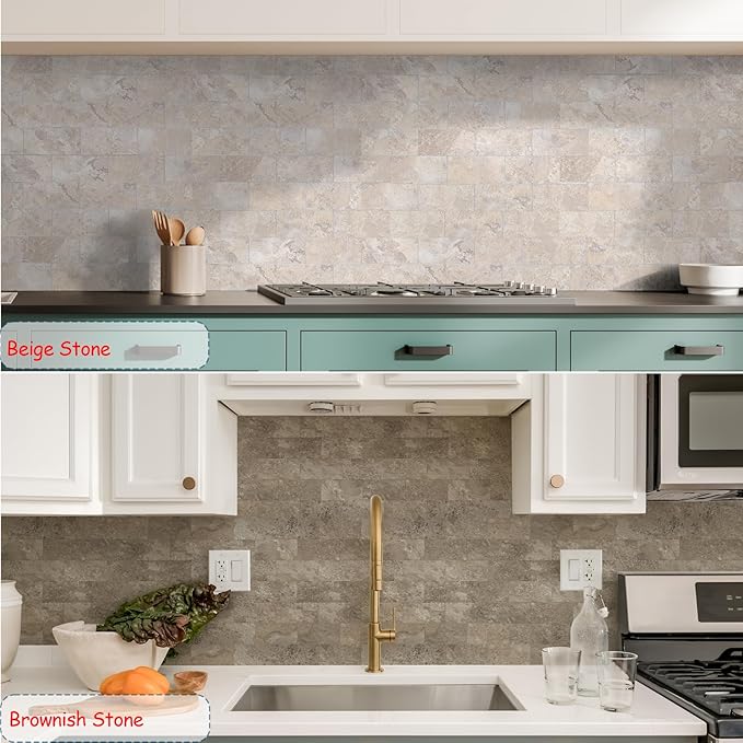 10-Pack Peel and Stick Tile Backsplash 12"X12" PVC Wall Tiles, Stick on Backsplash for Kitchen, Bathroom Tile, Fireplace Décor, Laundry Table, Stair Decals in Beige Stone Rocks