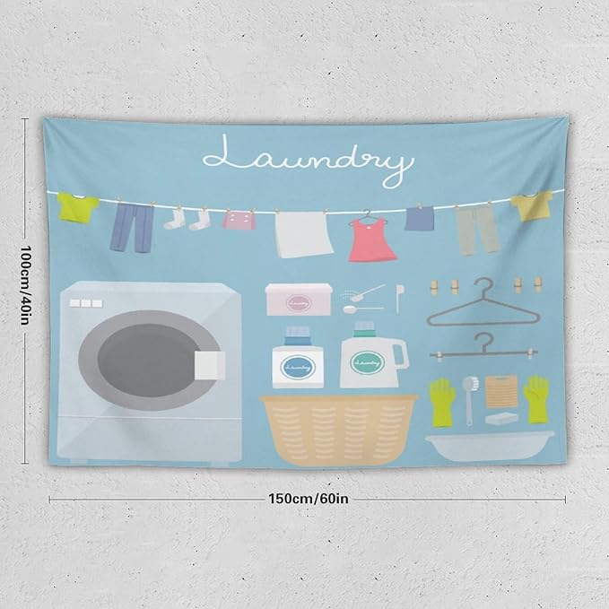ZhiRain Laundry Room Tapestry Wall Hanging Blue Cartoon Wash Dry Fold Tapestries Home Decor for Living Room Bedroom Farmhouse Apartment Dorm 40"x60"