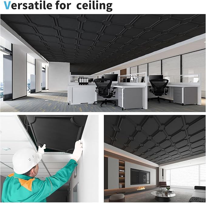 Art3d 2x2 Ft Drop Down PVC Ceiling Tiles, 3D Textured Glue up Ceiling Panel for Office Living Room Home Decor - 12-Pack Covers 48 Sq.Ft, Black