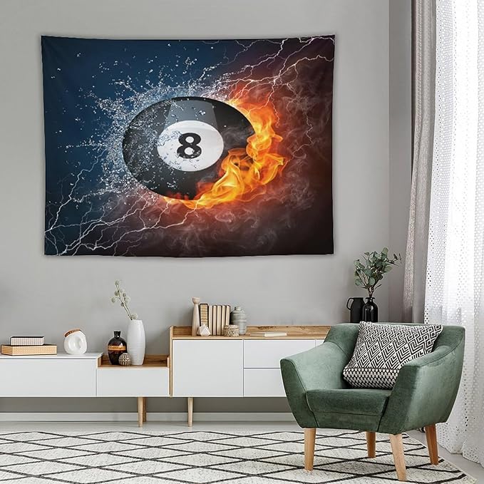 ZhiRain Teen Billiards Tapestry Wall Hanging Abstract Fire Water Black Billiard Eight Ball Tapestries Home Decor for Living Room Bedroom Farmhouse Apartment Dorm 60"x80"