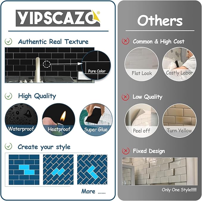 Yipscazo 2026 New Upgrade Peel and Stick backsplash 3 x 6 Inches 3D PVC Composite Wall Tile Stick on Backsplash Tile for Kitchen Bathroom, Laundry Room, Fireplace(Pure Black, 160 Pieces)