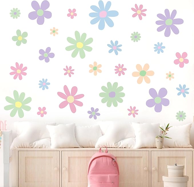 12 Sheets Daisy Wall Decals Boho Flower Wall Stickers Cute Kids Girls Room Decor Peel and Stick Floral Decals Toddler Nursery Playroom Living Room Bedroom Classroom Retro Hippie Decor Pastel Style