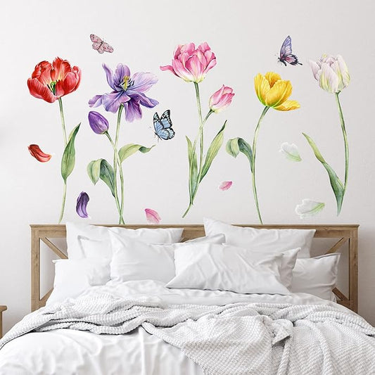 Zonon 6 Pcs Flowers Wall Decals Stickers Vinyl Removable Peel and Stick Colorful Dragonflies Floral Wall Murals Decor for Bedroom Living Room Nursery(Tulip)