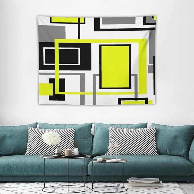 ZhiRain Yellow Geometric Tapestry Wall Hanging Yellow Modern Black And Gray Tapestries Home Decor for Living Room Bedroom Farmhouse Apartment Dorm 30"x40"