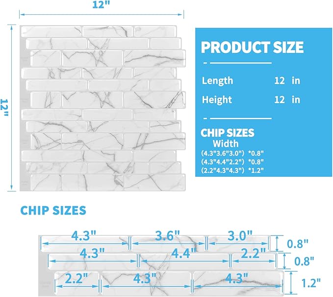 Art3d 10-Sheet Peel and Stick Backsplash, 12 in. x 12in. White Marble Design