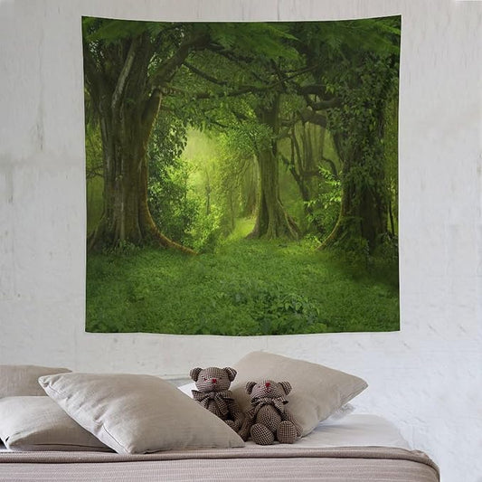 ZhiRain Landscape Forest Tapestry Wall Hanging Tropical Jungle Green Trees Foliage Woodland Nature Tapestries Home Decor for Living Room Bedroom Apartment Farmhouse Dorm 60"x60"
