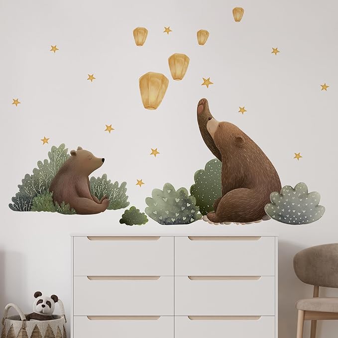 Animal Bear Moon Stars Wall Decal,Removable Cute Animal Bear Wall Sticker for Nursery Kid Baby Bedroom Living Room Playing Room Murals