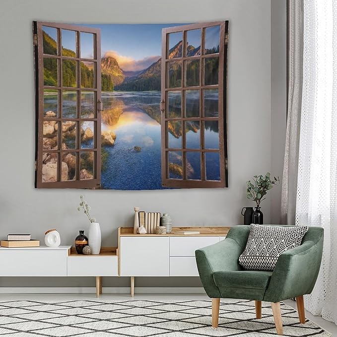 ZhiRain Mountain Scenery Tapestry Wall Hanging Wooden Window View Beautiful Lake Landscape Tapestries Home Decor for Living Room Bedroom Apartment Farmhouse Dorm 50"x60"