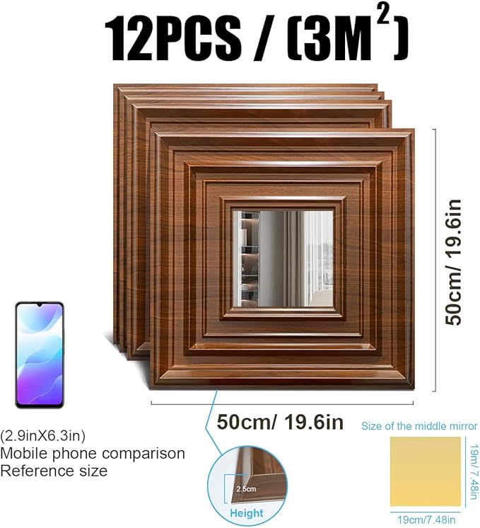 12 Pack PVC Ceiling Tiles 19.7"x19.7" – Silver Mirror & Wood Grain 3D Wall Panels for Wall and Ceiling Decoration,Cover 32.3 Sq.Ft – Waterproof,Lightweigh(Dark Brown, Silver)