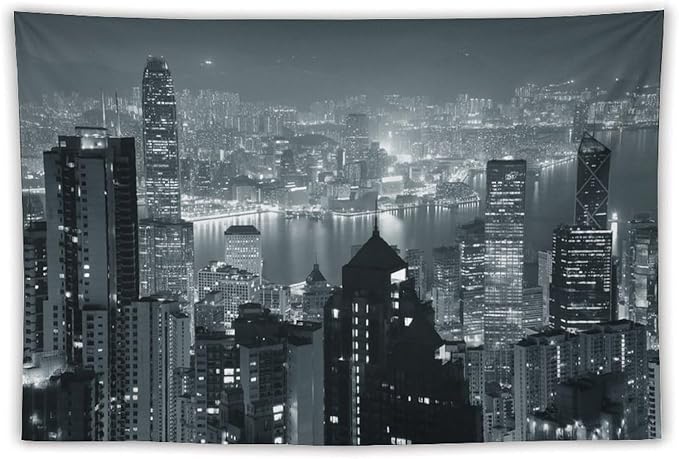 ZhiRain City Tapestry Wall Hanging Aerial Night View Hong Kong Skyline Modern Famous Urban Town Tapestries Home Decor for Living Room Bedroom Apartment Farmhouse Dorm 40"x60"