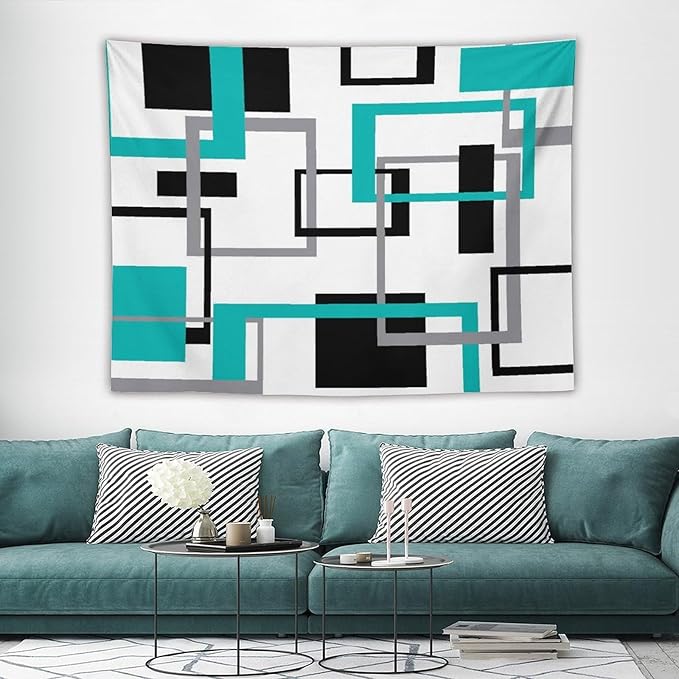 ZhiRain Teal Tapestry Wall Hanging Mid Century Modern Turquoise Abstract Aqua Black Grey Geometric White Backdrop Tapestries Home Decor for Living Room Bedroom Apartment Farmhouse 60"x80"